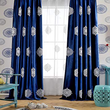 VOGOL Soft Luxury Velvet Floral Embroidered Grommet Curtains Thermal Insulated Curtains Window Treatment for Kids Room, Dark Blue, 2 Panels, 60X106