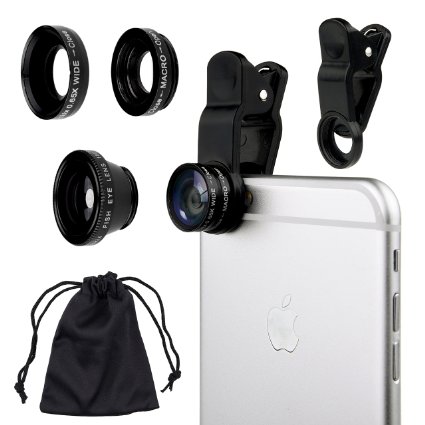 Universal 3 in 1 Camera Lens Kit for Smart phones (iphone, Galaxy, HTC, Motorola) by Camkix®, Ipad, Ipod touch, Laptops / One Fish Eye Lens / One 2 in 1 Macro Lens and Wide Angle Lens / One Universal Clip / One Microfiber Carrying Bag / One Microfiber Cleaning Cloth included (Black)