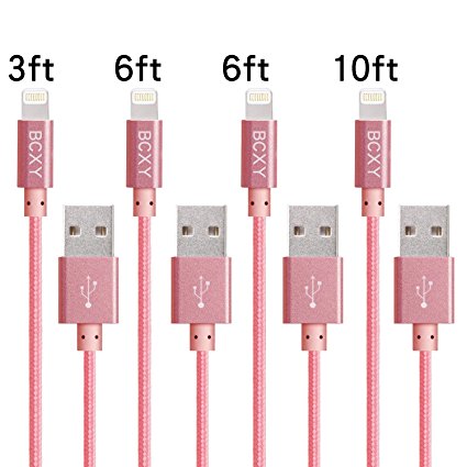 BCXY 4pcs 3ft/6ft/6ft/10ft Iphone cable,Nylon Braided Lightning Cable to USB Charger cable 8pin to USB data Cable for iPhone 7/7Plus,6/6Plus/6S,5/5S/SE,iPad/iPod Compatible with ios9 (Rose Gold)