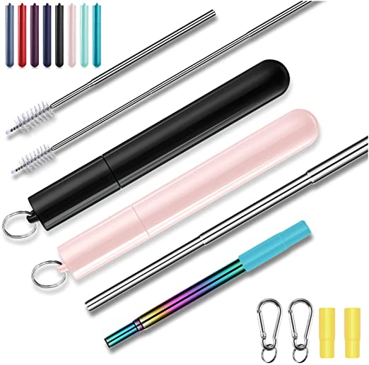Rubinom Metal Straws 2 Pack Reusable Collapsible Straw Portable Stainless Steel Straws with Case Cleaning Brushes Silicon Tip Keychain for Travel Working (Black/Pink)