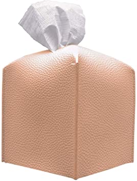 Carrotez Tissue Box Cover, Modern PU Leather Square Tissue Box Holder [Refined] - Decorative Holder/Organizer for Bathroom Vanity Countertop, Night Stands, Office Desk & Car 5"X5"X5" - Peach Pink