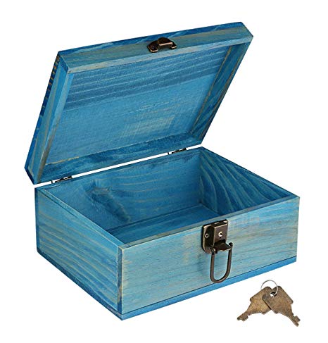 Wooden Keepsake Box, Dedoot Decorative Wooden Box Vintage Handmade Wood Craft Box with Lock and Key for Jewelry Gift Storage Box and Home Decor, Blue, 9.3x7.6x4.5 Inch