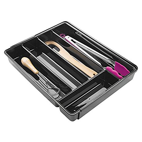 mDesign Non Slip Cutlery Tray with Six Compartments - Expandable Cutlery Holder Suitable for Various Accessories - Kitchen Utensil Holder for Drawers - Black