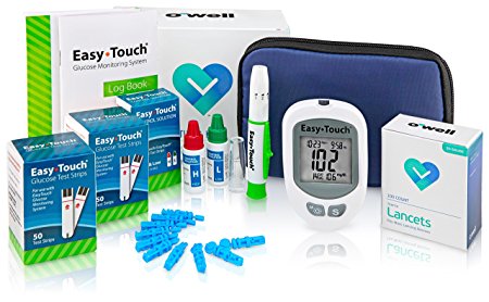 OWell Easy Touch Complete Diabetes Blood Glucose Testing Kit, METER, 100 Test Strips, 100 Lancets, Lancing Device, Manual, Log Book & Carry Case