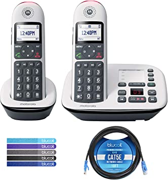 Motorola CD5012 DECT 6.0 Cordless Phone with Digital Answering Machine, Call Block, and 10dB Amplification (2-Pack) Bundle with Blucoil 10-FT 1 Gbps Cat5e Cable, and Reusable Cable Ties (5-Pack)