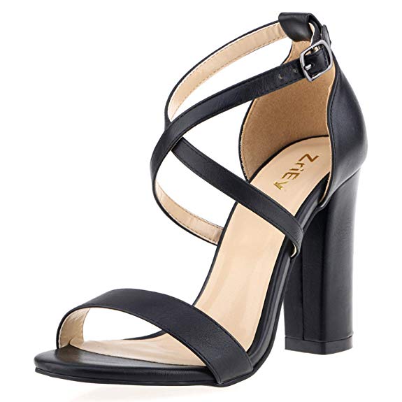 ZriEy Women's Chunky Block Strappy High Heel Sandals Cross Strappy Ankle Strap Classic Open Toe Shoes