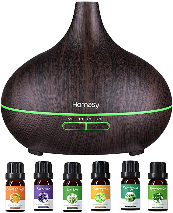 Homasy Aromatherapy Diffuser & Essential Oil Set, 500mL Oil Diffuser with 100% Pure Natural Essential Oils, Cool Mist Humidifier with Auto Shut-off, Timer, 14 Color Lights, Gift Set for Home, Office