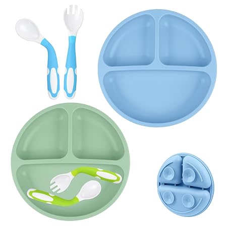 Vicloon Toddler Plates, 2 Pcs Silicone Baby Plates, BPA Free Suction Plates with 2 Pcs Baby Bendable Spoons, Suction Plate Feature, Divided Plate Design,Toddler Plate Microwave & Dishwasher Safe