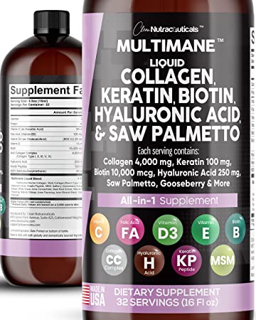 Liquid Collagen 4000mg Biotin 10000mcg Keratin 100mg Saw Palmetto Hyaluronic Acid 100mg - Hair Skin and Nails Vitamins and DHT Blocker with Vitamin D3 MSM 50mg Made in USA - 16 Fl. Oz