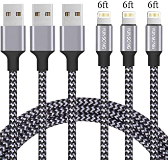YUNSONG iPhone Charger 3Pack 6FT Nylon Braided Lightning Cable Charging Cord USB Cable Compatible with iPhone 11 Pro Max XS XR X 8 7 6S 6 Plus SE 5S 5C 5 iPad