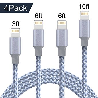 Lightning Cable,AOFU iPhone Charger 4Pack 3FT 6FT×2 10FT to USB Syncing and Charging Cable Data Nylon Braided Cord Charger for iPhone 7/7 Plus/6/6 Plus/6s/6s Plus/5/5s/5c/SE and more (Gray&White)