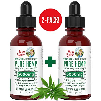 (2 Pack) Organic Pure Hemp Extract Oil 5000mg by MaryRuth’s for Pain & Stress Relief - Powerful for Ingestible & Topical Use - Non-GMO - Vegan - Plant Based - Sugar-Free - Peppermint - 1 oz (2 Pack)