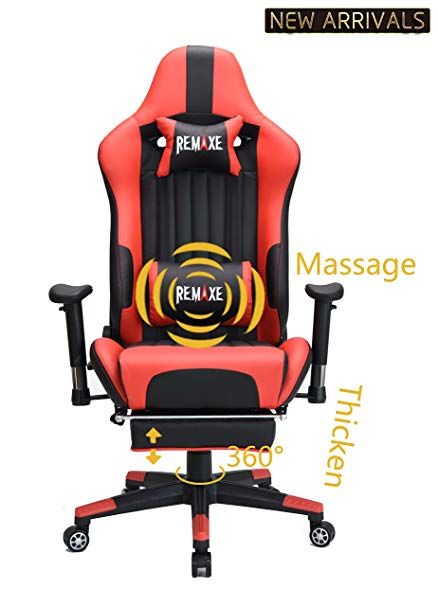 Large Size Computer Gaming Chair Ergomonic Racing Chair with Retractable Footrest,Execultive PU Leather Headrest Lumbar Massager Cushion Ergonomic Swivel PC Chair for Home (Black/Red)