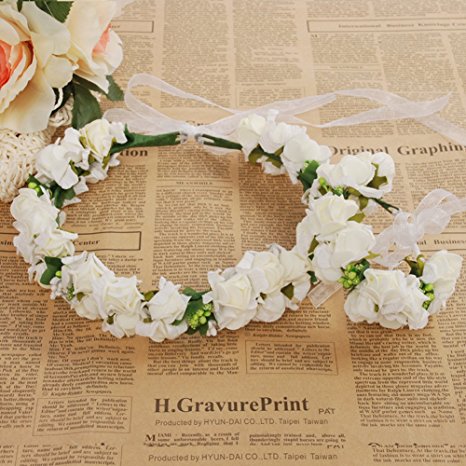 Meiliy Bridal Flower Garland Crown Flower Headband Hair Wreath Halo with Flower Wrist Corsage for Wedding Festivals (WHITE)