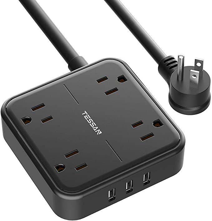 Flat Plug Power Strip with 3 USB Ports, TESSAN 4 Outlet Extension Cord Wall Mount Charging Station 5 ft Cord, Small Size for Home, Dorm Room Essentials, Office, Black