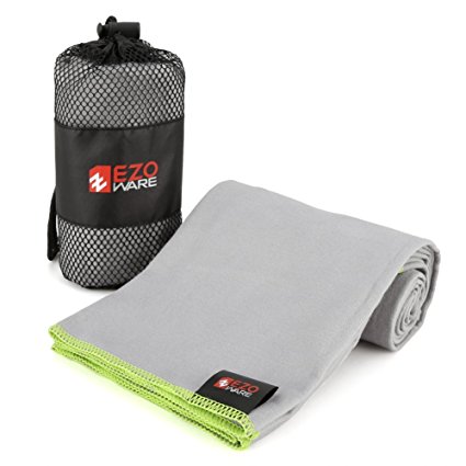 EZOWare Microfiber Towel for Pool, Travel, Beach, Bath, Gym, Camping - Gray and Green Trim / Small, Super Absorbent Quick Dry with Carry Pouch