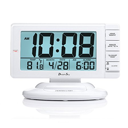 DreamSky 5.5" Large Display Alarm Clock With Smart Nightlight And Snooze,Time/Date/Indoor Temperature Display,12/24 Hr Switch, Battery Operated