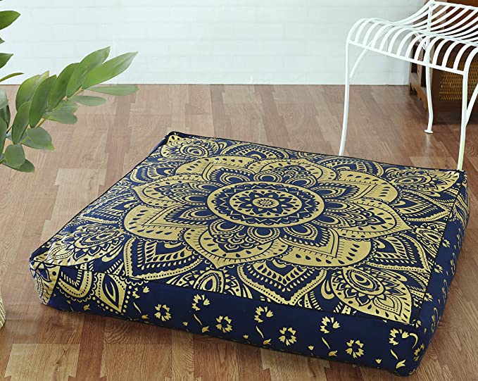 Popular Handicrafts Indian Hippie Mandala Floor Pillow Cover Square Ottoman Pouf Cover Daybed Oversized Cotton Cushion Cover with Heavy Duty Zipper Seating Ottoman Poufs Dog-Pets Bed 35"