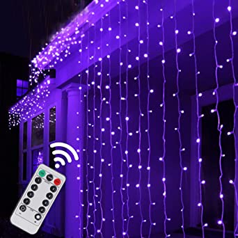 Twinkle Star 300 LED Halloween Window Curtain String Light with Remote Control Timer for Christmas Wedding Party Home Garden Bedroom Outdoor Indoor Decoration, Purple