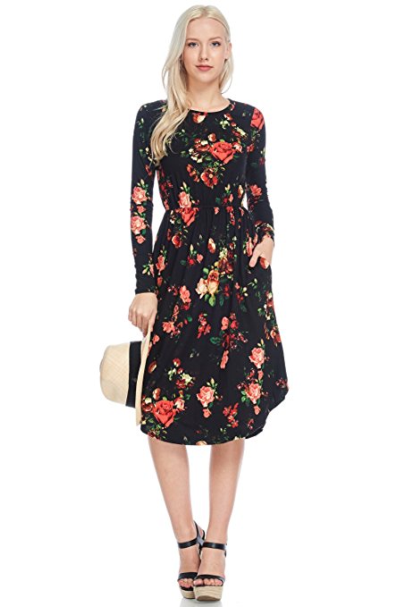 Reborn J Modest Shop LA MSLA1459 Long Sleeve Floral Midi Dress with Pockets