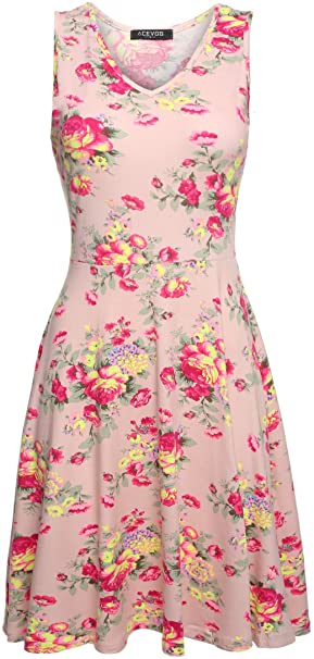 ACEVOG Womens Floral Sleeveless Round Neck Casual A Line Party Cocktail Beach Swing Dress