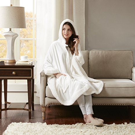 Comfort Spaces - Glimmersoft Plush Hooded Angel Throw Wrap - Wearable Blanket - 58x72 inches - Beige/Ivory, Sherpa Trim - Gift Box