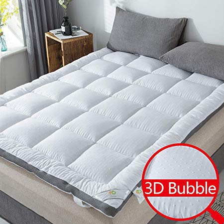 SUFUEE Mattress Topper Queen Air-Flow 3D Bubble Fabric Thick Quilted Alternative Down Pillow Top Mattress Cover Plush Hotel Quality