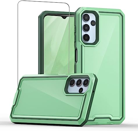 TJS Compatible for Samsung Galaxy A14 5G Case, with Tempered Glass Screen Protector Dual Layer Shockproof Rugged Hybrid Hard Protector Back Phone Case Cover (Green)