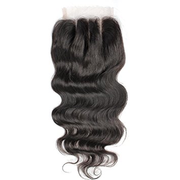 Greatremy Body Wave 3 Part Lace Closure 4x4 8" Brazilian Human Hair Bleached Knots With Baby Hair Natural Color