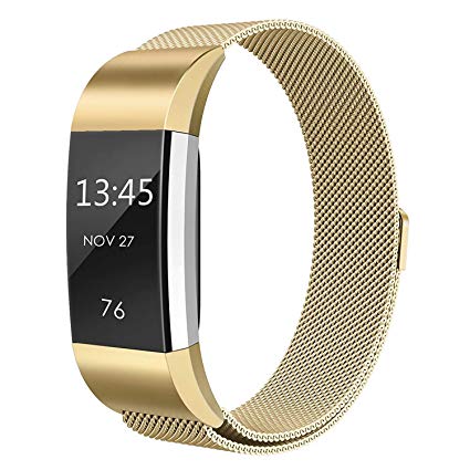 Issmolog for Fitbit Charge 2 Bands for Women Men, Milanese Loop Stainless Steel Magnetic Replacement Bracelet Strap for Fitbit Charge 2 Smartwatch Small & Large (Silver&Black&Gold)