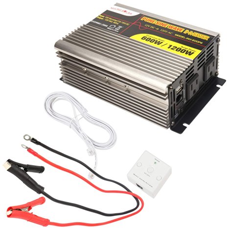MicroSolar 12V 600W (Peak 1200W) Pure Sine Wave Inverter - with Remote Wire Controller - with 2 Foot Battery Cable