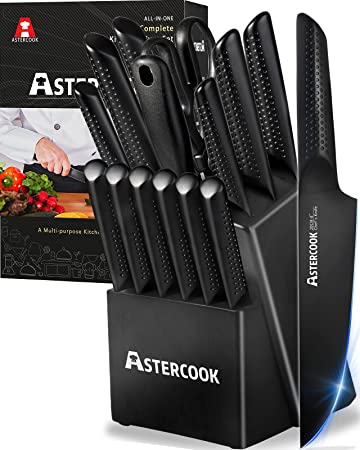 Knife Set,15 Pieces Chef Knife Set with Block for Kitchen,German Stainless Steel Knife Block Set,Dishwasher Safe,Elegant Black