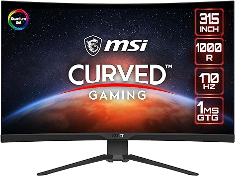 MSI MAG325CQRF QD, 31.5" Gaming Monitor, 2560 x 1440 (QHD) Rapid VA with Quantum Dot, 1 ms, 170Hz, FreeSync Premium, HDR Ready, 1000R, HDMI, DisplayPort, Tilt and Height Adjustable.