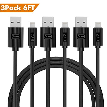 BYZ iPhone Charger Charging Cable 3 pack Lightening Cable - 6 ft iPhone Cable USB Sync & Charging Cord for iPhone 7 Plus 7 6S Plus 6 Plus SE 5S 5C 5, iPad 2 3 4 Mini, iPad Pro Air, iPod - Black