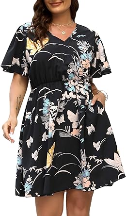 Nemidor Womens Casual V-Neck Plus Size Summer Boho Swing Wrap Dress with Pockets NEM266