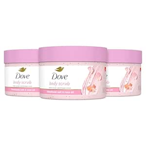 Dove Body Scrub Himalayan Salt & Rose Oil 3 Count for Visibly Silky-Smooth, Nourished Skin, with ¼ Moisturizing Cream, 10.5 oz