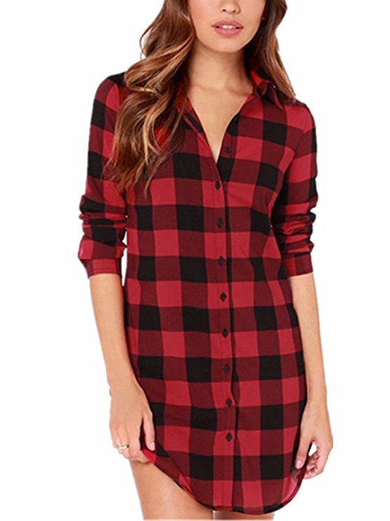 Women Blouses Tops Buffalo Check Plaid Long Sleeve Collar Neck Casual Button Down Shirts