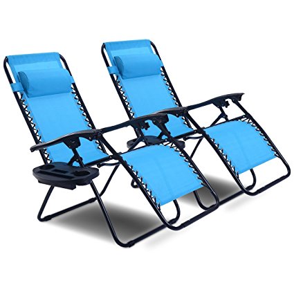 Goplus Zero Gravity Chair Set 2 Pack Adjustable Folding Lounge Recliners for Patio Outdoor Yard Beach Pool w/Cup Holder, 300-lb Weight Capacity (Light Blue)