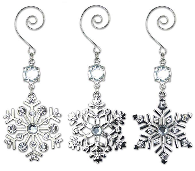 BANBERRY DESIGNS Snowflake Christmas Ornaments - Set of 3 Silver Crystal Snow Flake Christmas Ornaments - Sparkling Snowflakes - Decorative Silver S-Hook Attached to Each Ornament