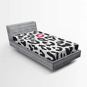 Ambesonne Savannah Fitted Sheet, Leopard Cheetah Animal Print Kiss Shape Lipstick Mark Dotted Trend Art, Bed Cover with All-Round Elastic Deep Pocket for Comfort, Twin XL Size, Grey Pink