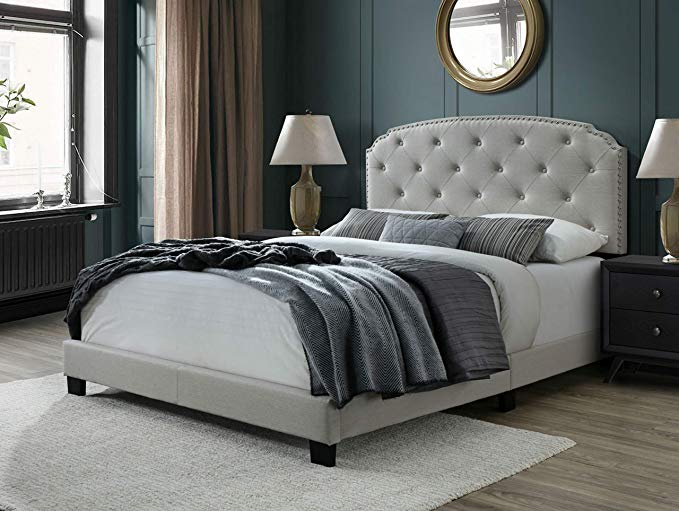 DG Casa Wembley Tufted Upholstered Panel Bed Frame with Nailhead Trim Headboard, Queen Size in Beige Linen Style Fabric