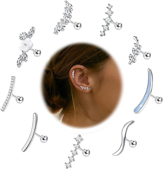 BESTEEL 9PCS 16G Cartilage Earrings Surgical Steel Gold Cartilage Earring Stud Snake Flower Opal CZ Helix Earrings for Women Conch Tragus Piercing Jewelry