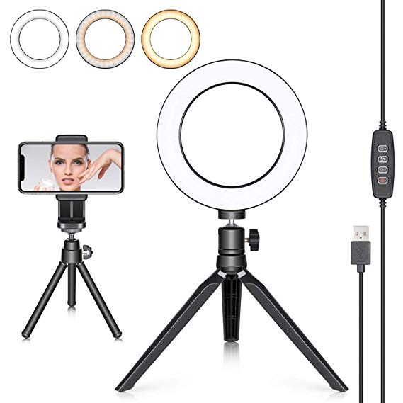 Neewer LED Ring Light 6-inch with Tripod Stand for YouTube Video Live Streaming Makeup Selfie, Desktop Mini USB Camera LED Light with Cell Phone Holder, 3 Light Modes and 11 Brightness Level