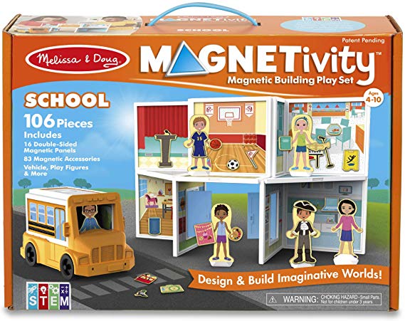 Melissa & Doug Magnetivity Magnetic Tiles Building Play Set – School with School Bus Vehicle (106 Pieces, STEM Toy, Great Gift for Girls and Boys - Best for 4, 5, 6, 7, 8 Year Olds and Up)