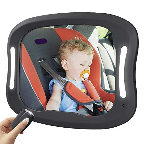 Baby Car Mirror with Remote Control Light, Swify Baby Car Seat Mirror, Rear View Facing Infant in Backseat, Clear Reflection Easily Observe Baby- Double Straps & 360°Adjustable
