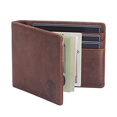 Win&Income Slim Wallet with Money Clip,Mens Bifold Genuine Leather Thin Clip Wallets, Brown
