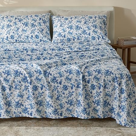 100% Turkish Cotton King Flannel Sheets Set | Blue Floral, Farmhouse, Soft Flannel Sheets | Warm, Double Brushed Bed Sheets (King, Floral - Blue)