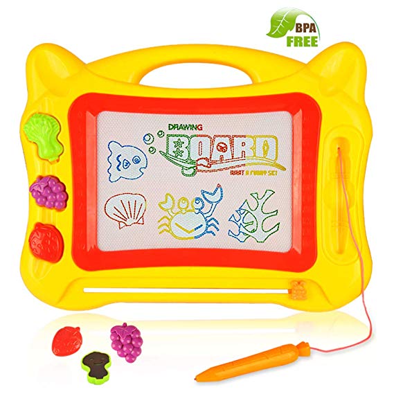 Kids Magnetic Drawing Board Doodle with Stand, Magnetic Drawing Board Toy with 3 Shape Stamps and Sticker for Toddler, Non-Toxic Magnetic Drawing Board for Boy Girl Painting Learning Birthday Gift