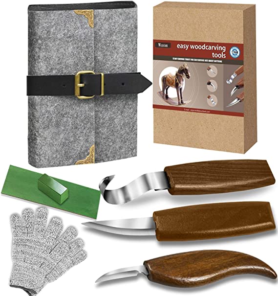 WAYCOM Wood Carving Tools Set with Deluxe Felt Leather Case,Hook Carving Knife,Detail Wood Knife,Whittling Knife Cut Resistant Gloves Leather Sheath Gift Box (Gray - Spoon Carving Tools)