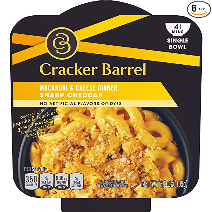 Cracker Barrel Single Bowl Sharp Cheddar Macaroni and Cheese Dinner (3.8 oz Bowls, Pack of 6)